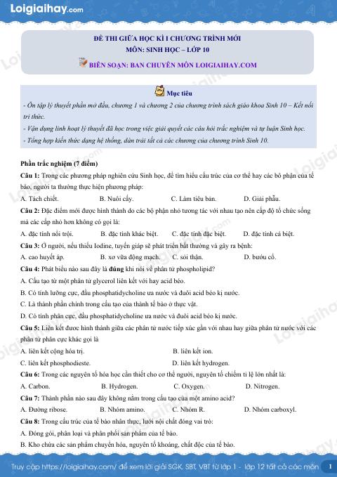 Đề thi giữa kì 1 Sinh 10 Kết nối tri thức - Đề số 2